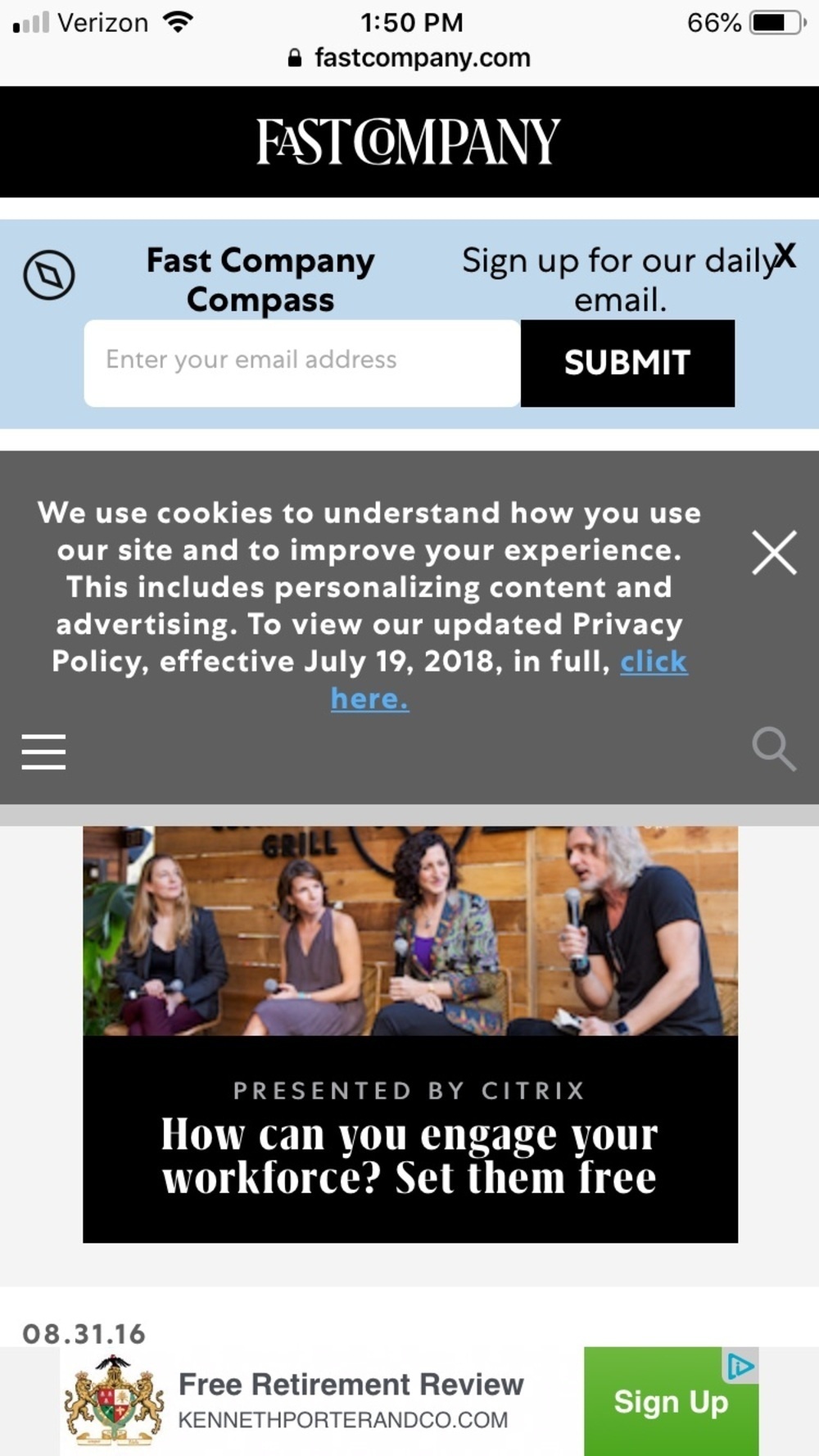 Screenshot of the FastCompany website above the fold on iOS, showing nothing but banners and ads.