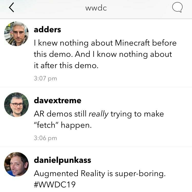Screenshot of the Micro.blog WWDC Timeline featuring members talking about augmented reality.