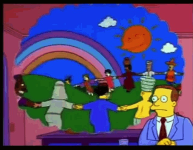 A still from The Simpsons. A dour business suited man frowns troubled as a bubble floats over his head showing he is imagining a sunny day with a rainbow as people of all races and ethnicities hold hands joyfully dancing in a world of peace. Even the sun is smiling. 