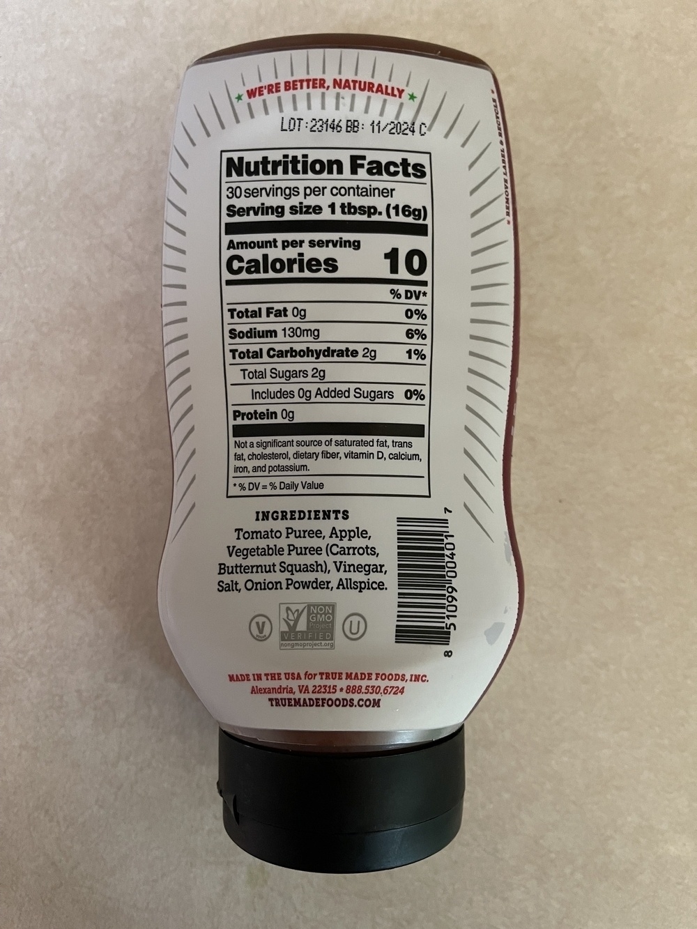 Ingredients: tomato purée, apple, vegetable purée (carrots, butternut squash), vinegar, salt, onion powder, allspice