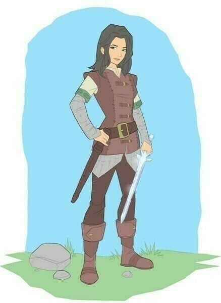Emily Haven stands, wearing her chain-mail and leather and holding her crystal sword.