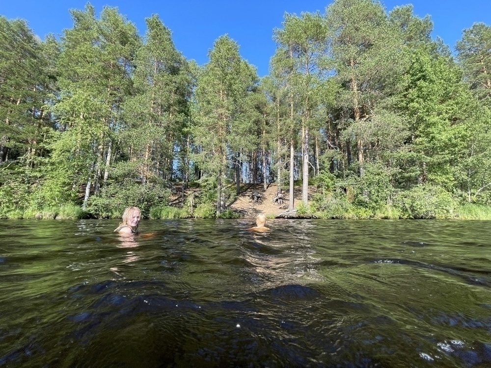 swimmers in lake, pine trees and a hill
