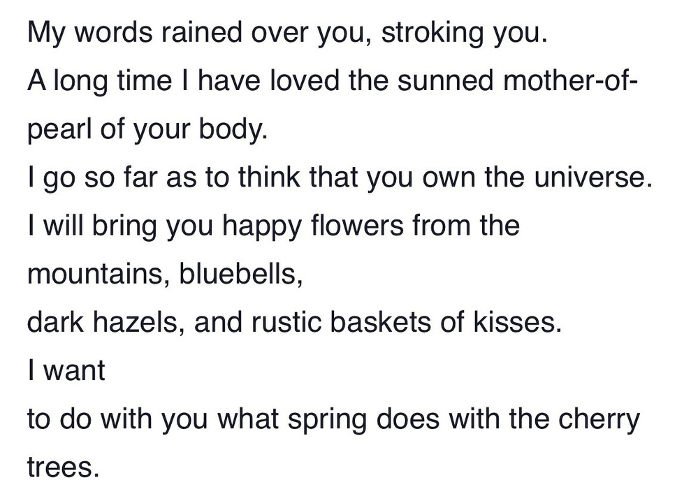 A poetic excerpt describes romantic and natural imagery, conveying deep affection and vivid metaphors.