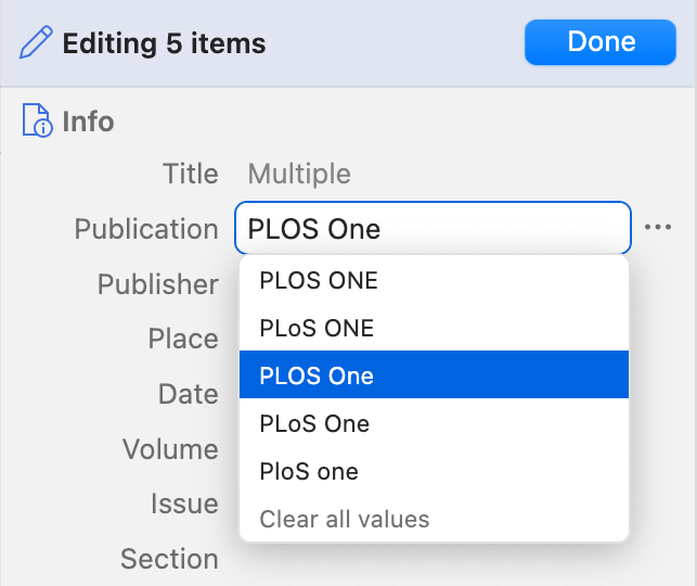 The new batch-editing feature, showing five items with different capitalizations for the publication “PLOS One” being changed to a common value