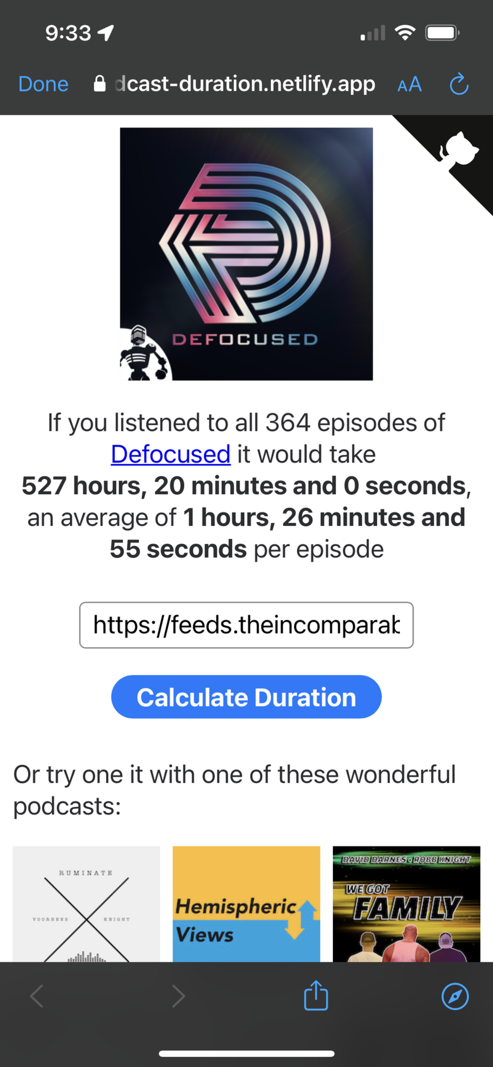 Screenshot of the podcast duration web app. Calculated time for Defocused is 527 hours, 20 minutes, and zero seconds. An average of 1 hours, 26 minutes and 55 seconds per episode.