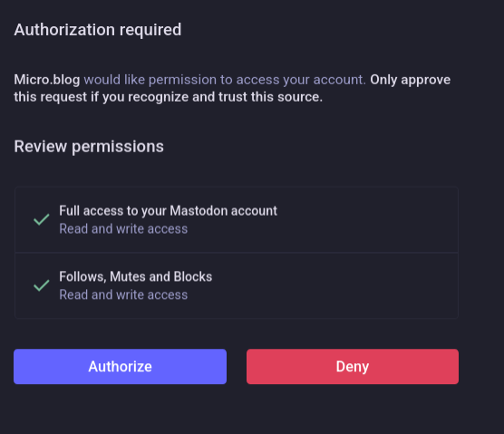 The image shows an authorization screen for Micro.blog requesting access to a Mastodon account. The screen has a dark background with white text and includes the following elements:

1. A header stating 