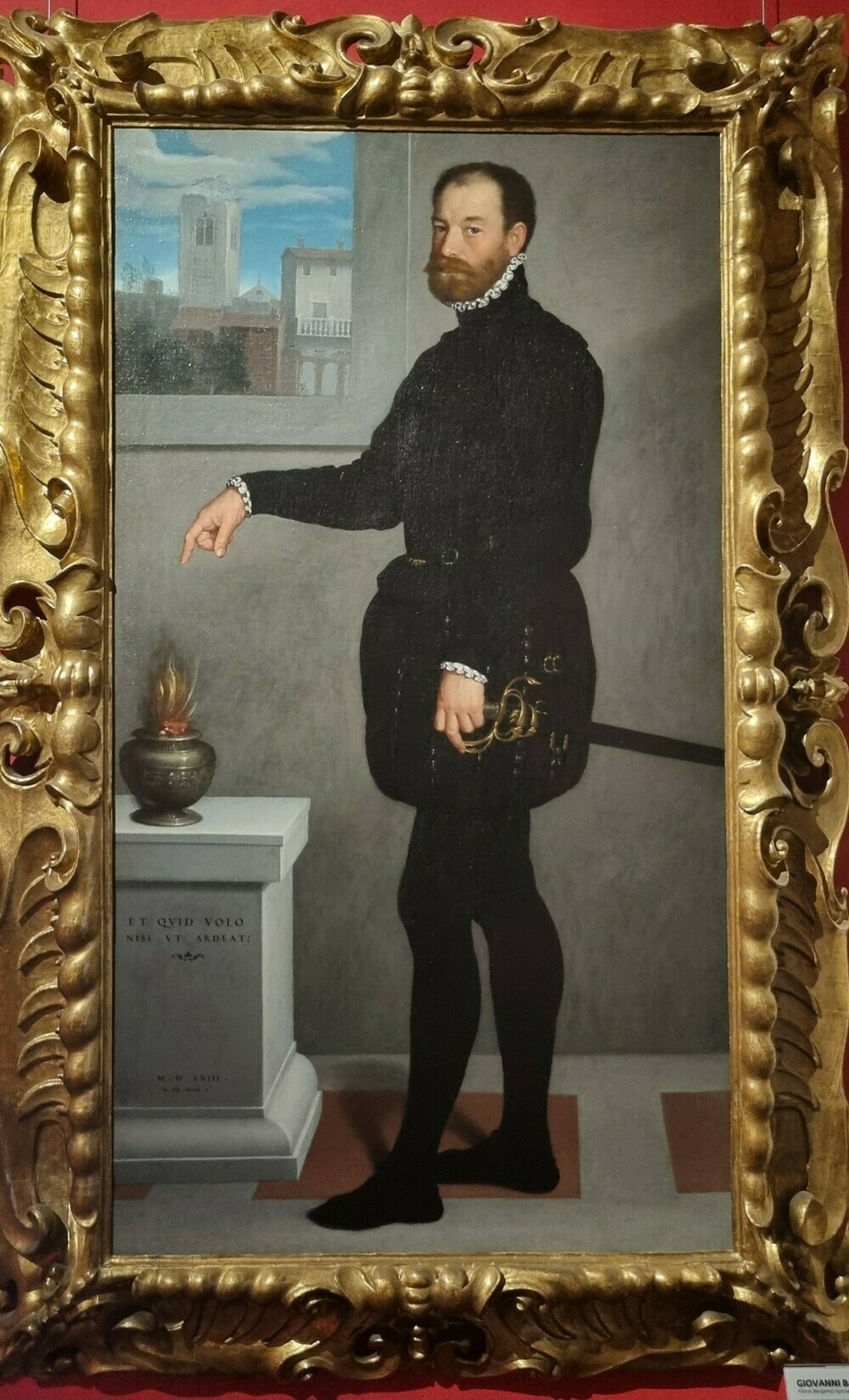 Portrait of a bored looking gent in renaissance Florence, pointing at a small burning pot