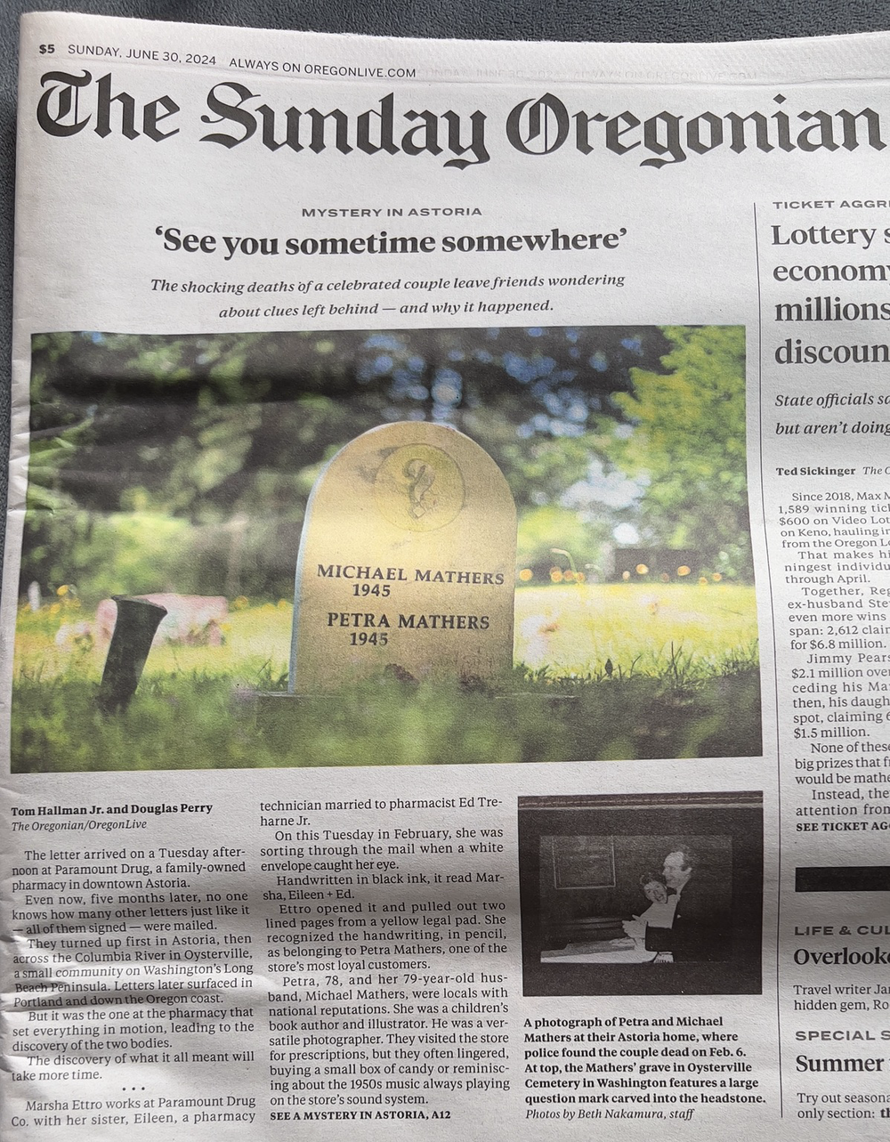 The front page of The Sunday Oregonian newspaper dated June 30, 2024. The headline reads: Mystery in Astoria ’See you sometime somewhere’