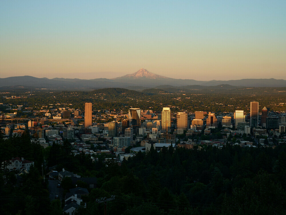 Downtown Portland and Mount Hood viewed from Pittock Mansion in the West Hills of Portland, Oregon.