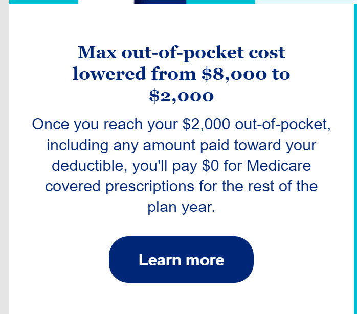 Screenshot from UnitedHealthCare showing out of pocket maximum costs lowered from $8,000 to $2,000 per year for Medicare users. 