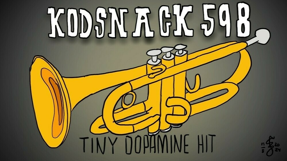 Kodsnack 598 - Tiny Dopamine Hit. A trumpet with silver details on a dark background.