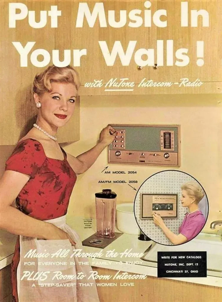 Woman adjusts the radio that is in her kitchen wall. There is an inset picture of the same woman adjusting another radio in a different wall. 