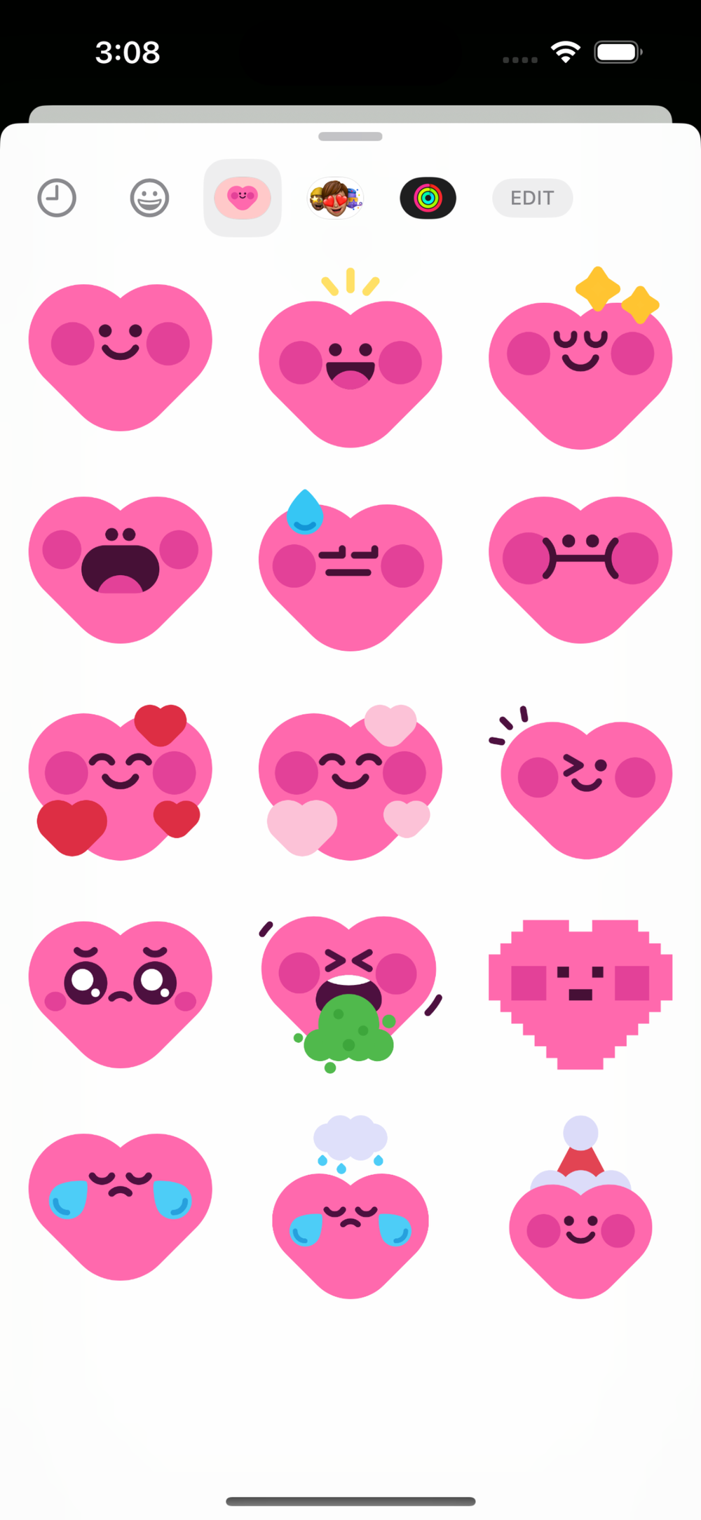 A screenshot from the Prami Stickers iOS sticker pack, showing 15 variants of Prami including smiling, happiness, contentedness, shock, upset, disapproval, smiling with red hearts, smiling with pink hearts, winking, pleading, barfing (lol), 8-bit, crying, crying with a raining cloud above, and Santa.