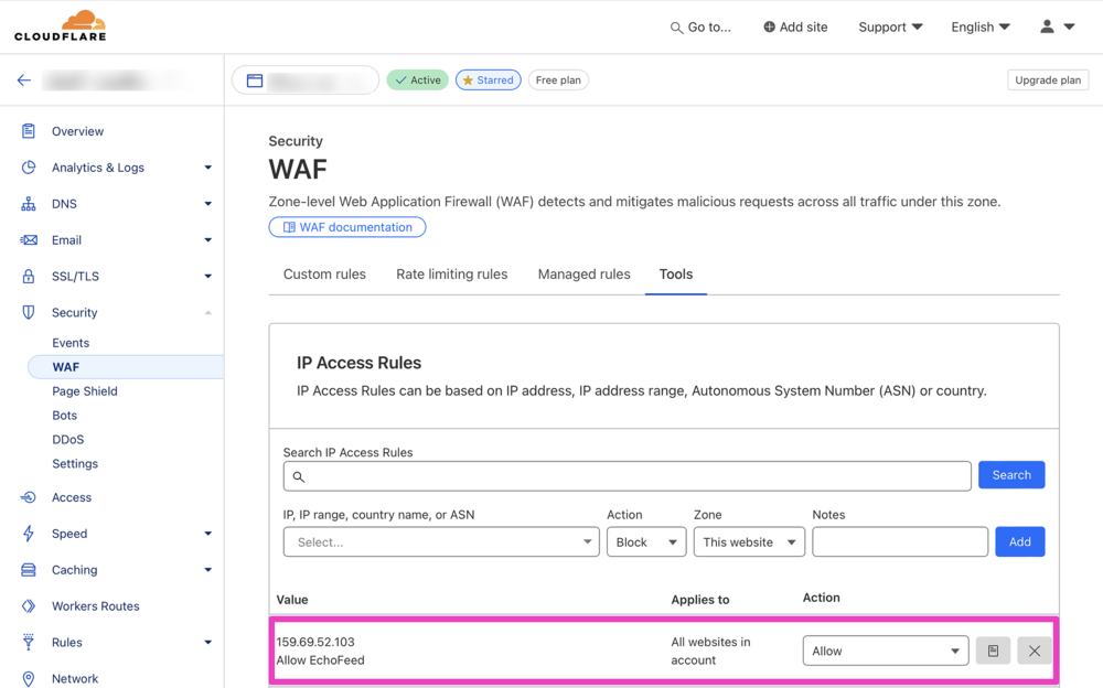 The Cloudflare dashboard setting under Security > WAF > Tools.