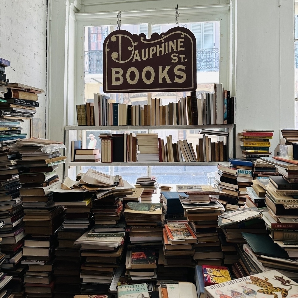 Books piled everywhere in the French Quarter.