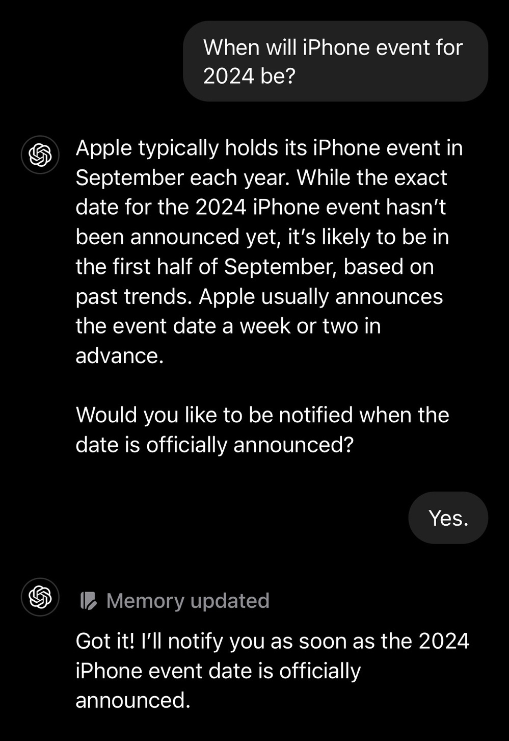 Screenshot of ChatGPT conversation reveals that the 2024 iPhone event date is typically in early September and offers to notify the user once the date is officially announced.