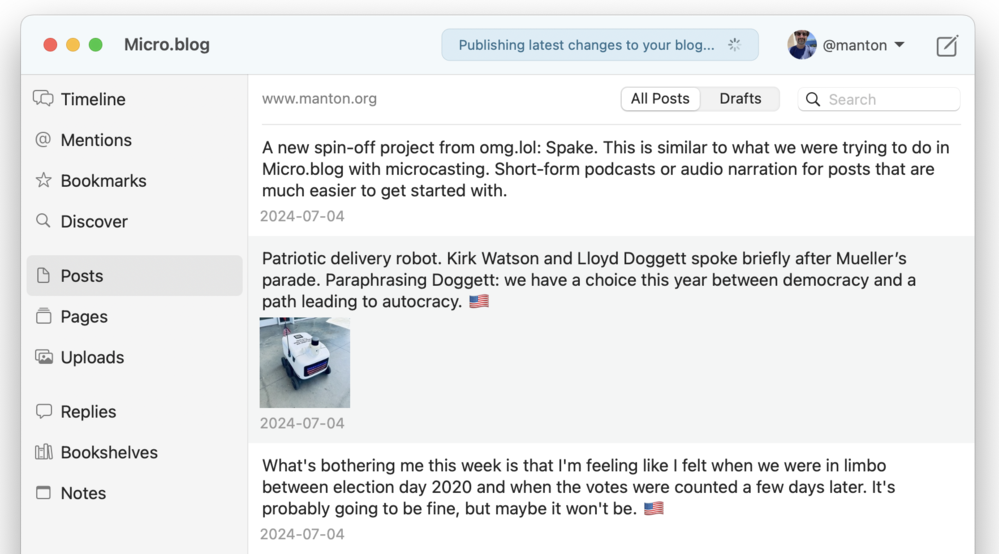 Screenshot of Mac app showing drafts tab, publishing status, and notes option in the sidebar.