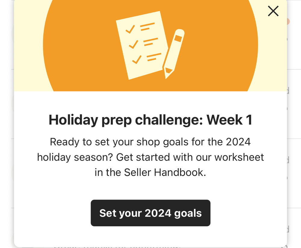 A guide prompts users to set their shop goals for the 2024 holiday season with a Week 1 holiday prep challenge and includes an option to "Set your 2024 goals".