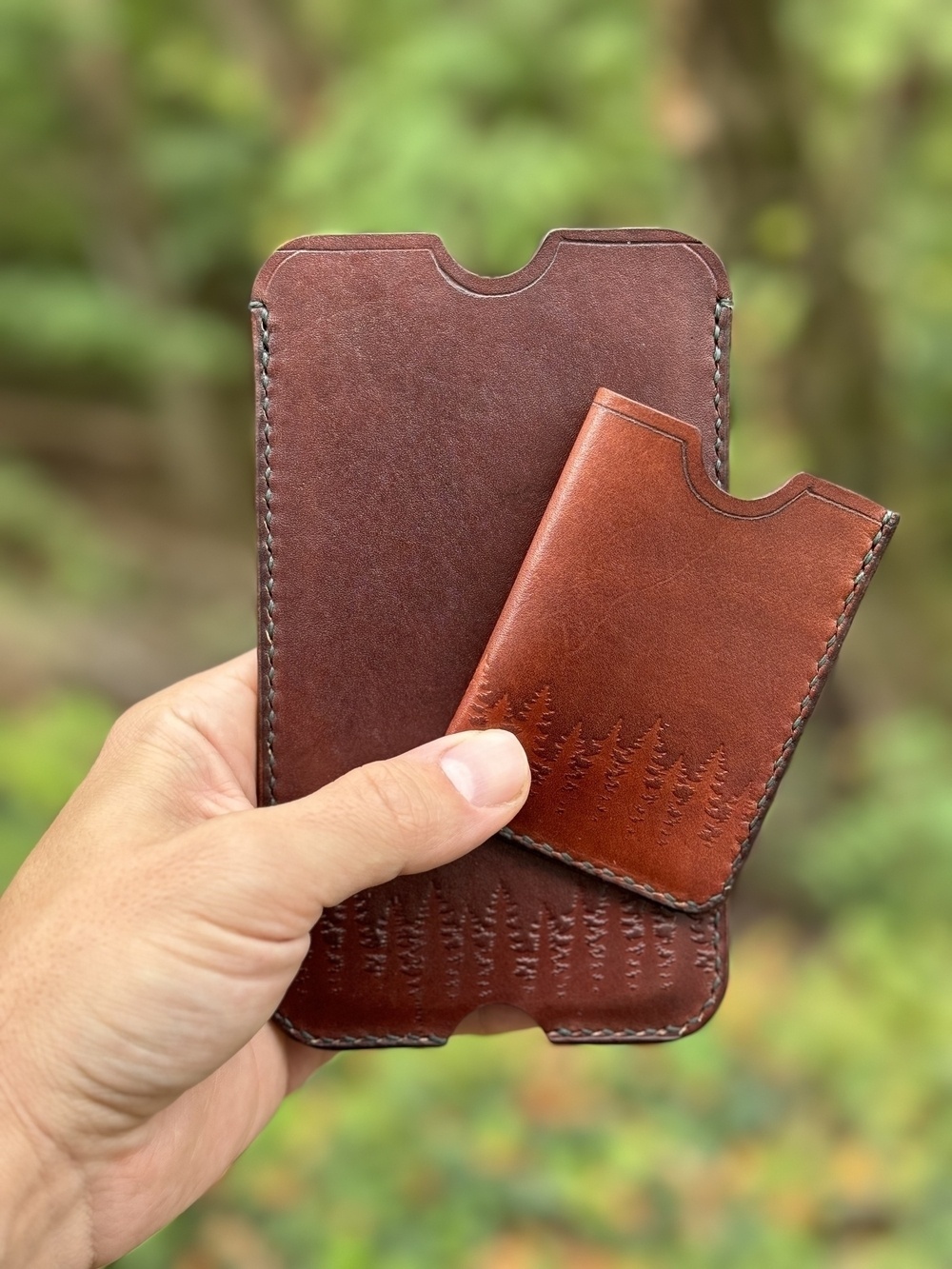 A hand is holding two brown leather cases with tree patterns, one larger and one smaller, against a blurred outdoor background.