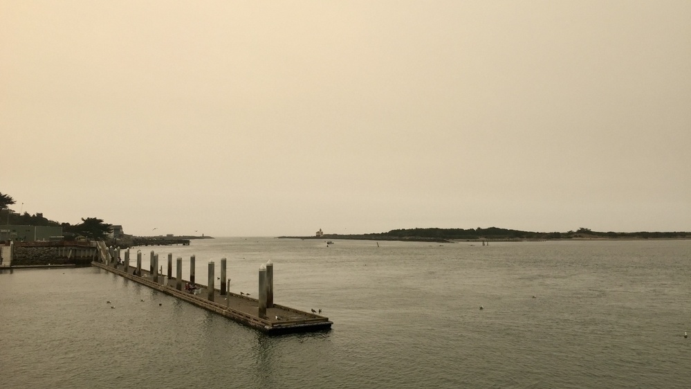 An oddly colored view of a river and waterfront with a lighthouse in the far distance.