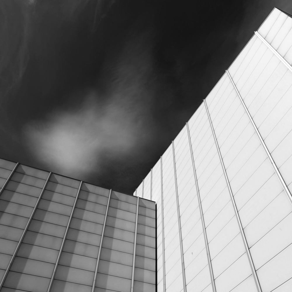 The sky looms above the angular walls of the Turner Contemporary gallery, in black and white