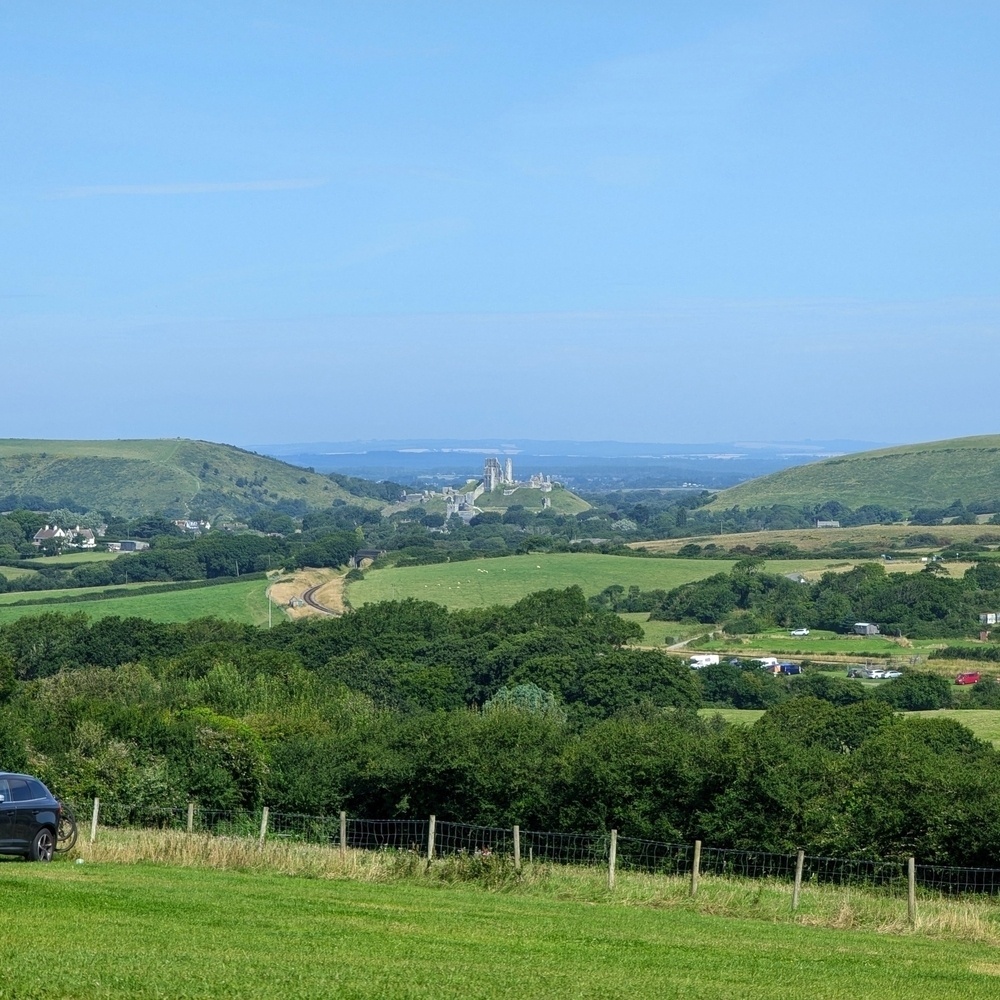 A view along the valley towards Corfe castle on the middle distance