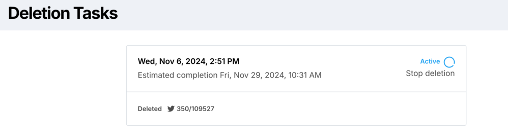 TweetDeleter screenshot showing an estimated completion of Friday, Nov 29th 2024 for all my tweets to be deleted.