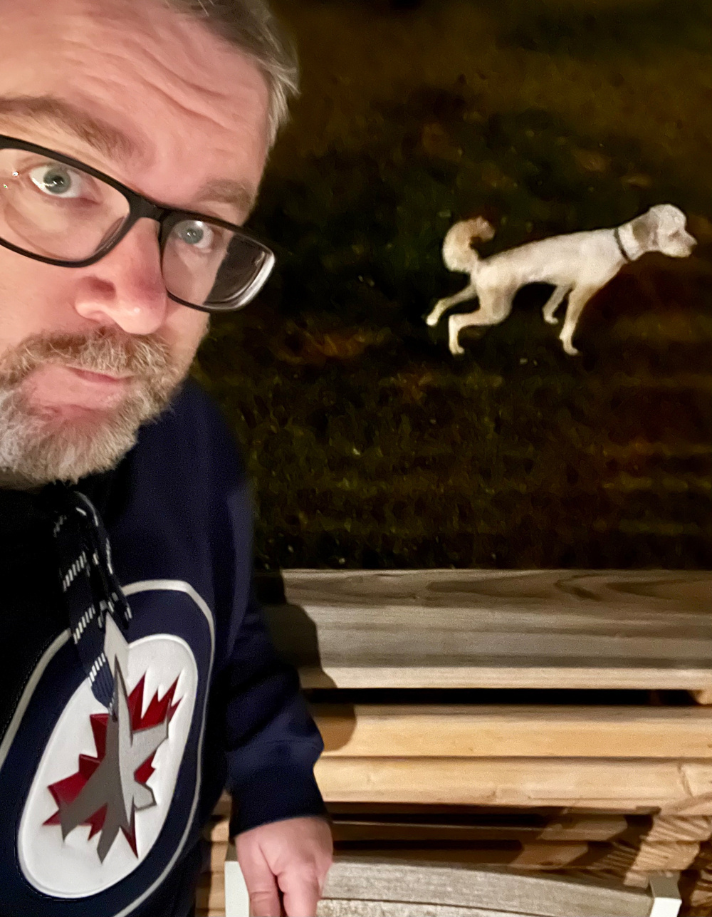A person wearing glasses and a dark sweater with a logo is standing near a wooden railing, while a dog “runs” in the background.