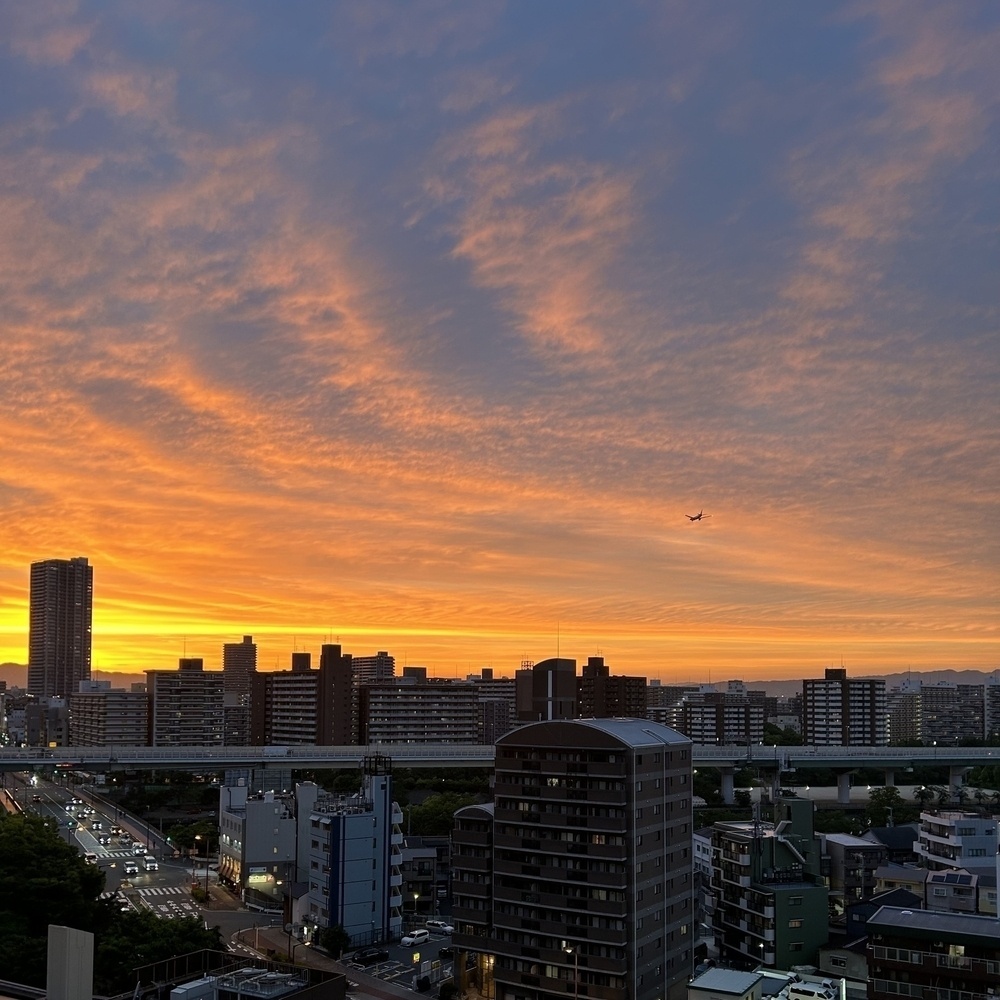 Sunset lights up the bottom of striated clouds curving across the sky. A plane flies over above