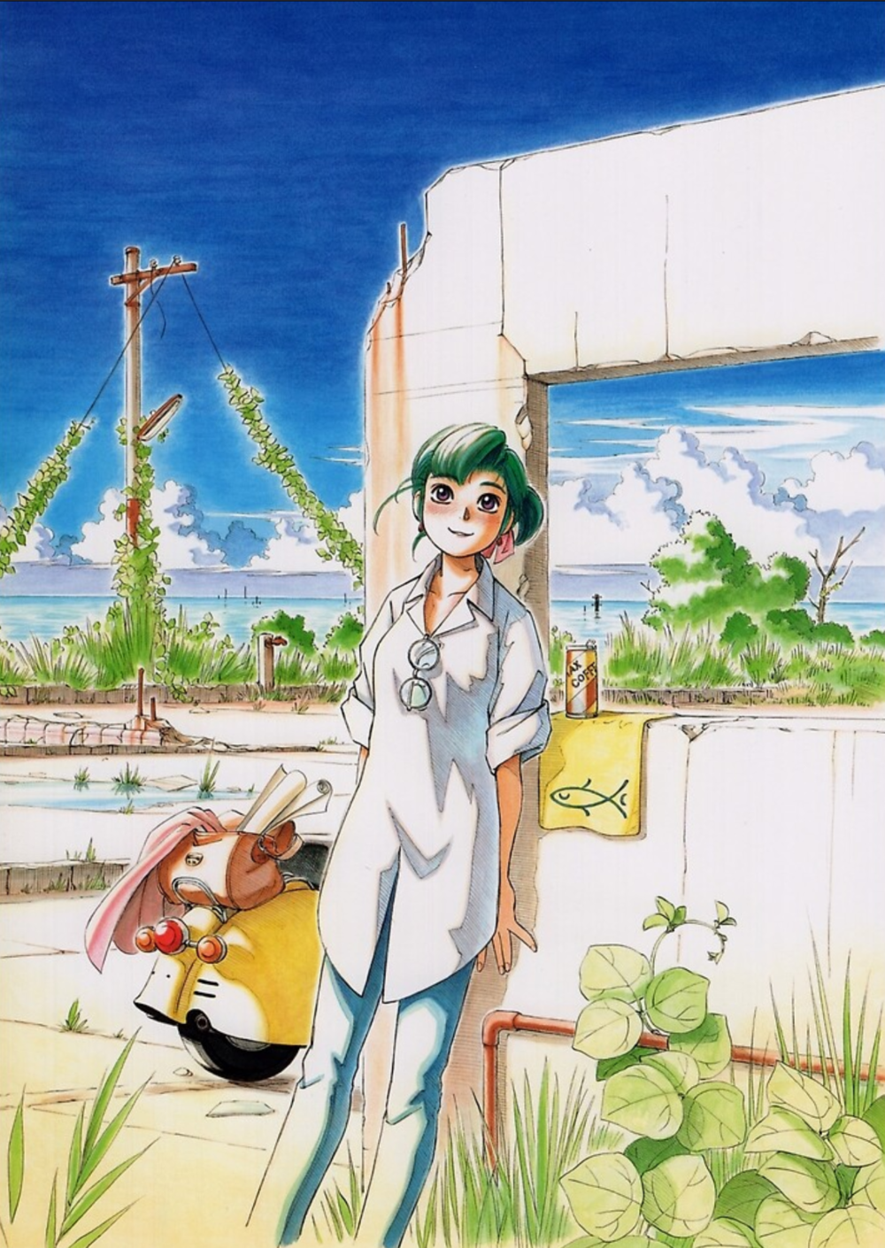 This image is an illustrated scene that features a young woman with short green hair standing outside by a large, weathered concrete structure with an open frame. She is wearing an oversized white button-up shirt that reaches mid-thigh, light blue pants, and has a pair of round glasses dangling from her shirt’s collar. In the background, there is a bright blue sky with a few scattered clouds. Lush green vegetation surrounds the area including tall grass and plants climbing up a utility pole which stands on the left-hand side.  To her left and slightly in the background, a small yellow scooter with red headlights and wooden handles appears to have a brown bag and wrapped items attached. A beverage can labeled "COFFEE" is positioned on the concrete structure beside a yellow cloth featuring a fish drawing. The scene is vibrant with a mixture of natural and man-made elements, depicting a peaceful and sunny day near a body of water which is visible in the distance.