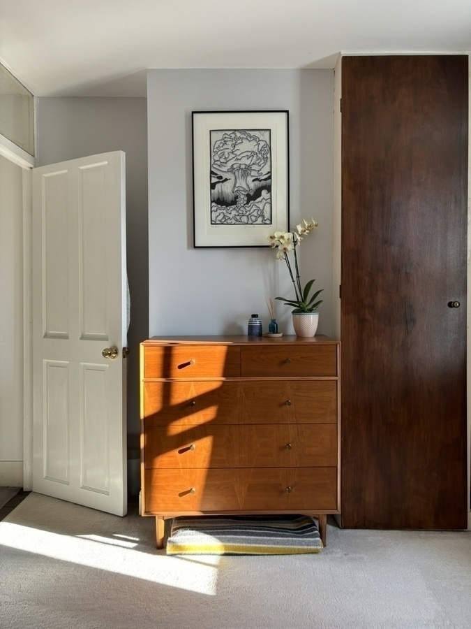 A wooden dresser stands between an open door and a closed cupboard, with a framed mushroom cloud print above and a potted orchid on top of the dresser.