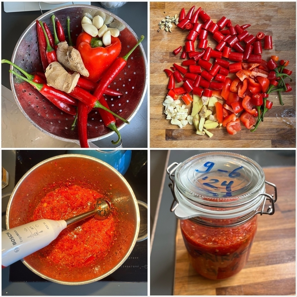 Collage of preparing ingredients for making sriracha sauce. 