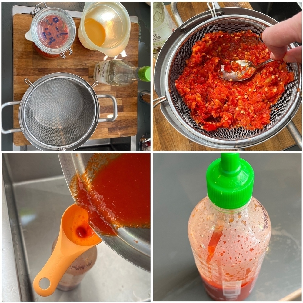 Collage of photos of the preparation of sriracha.  