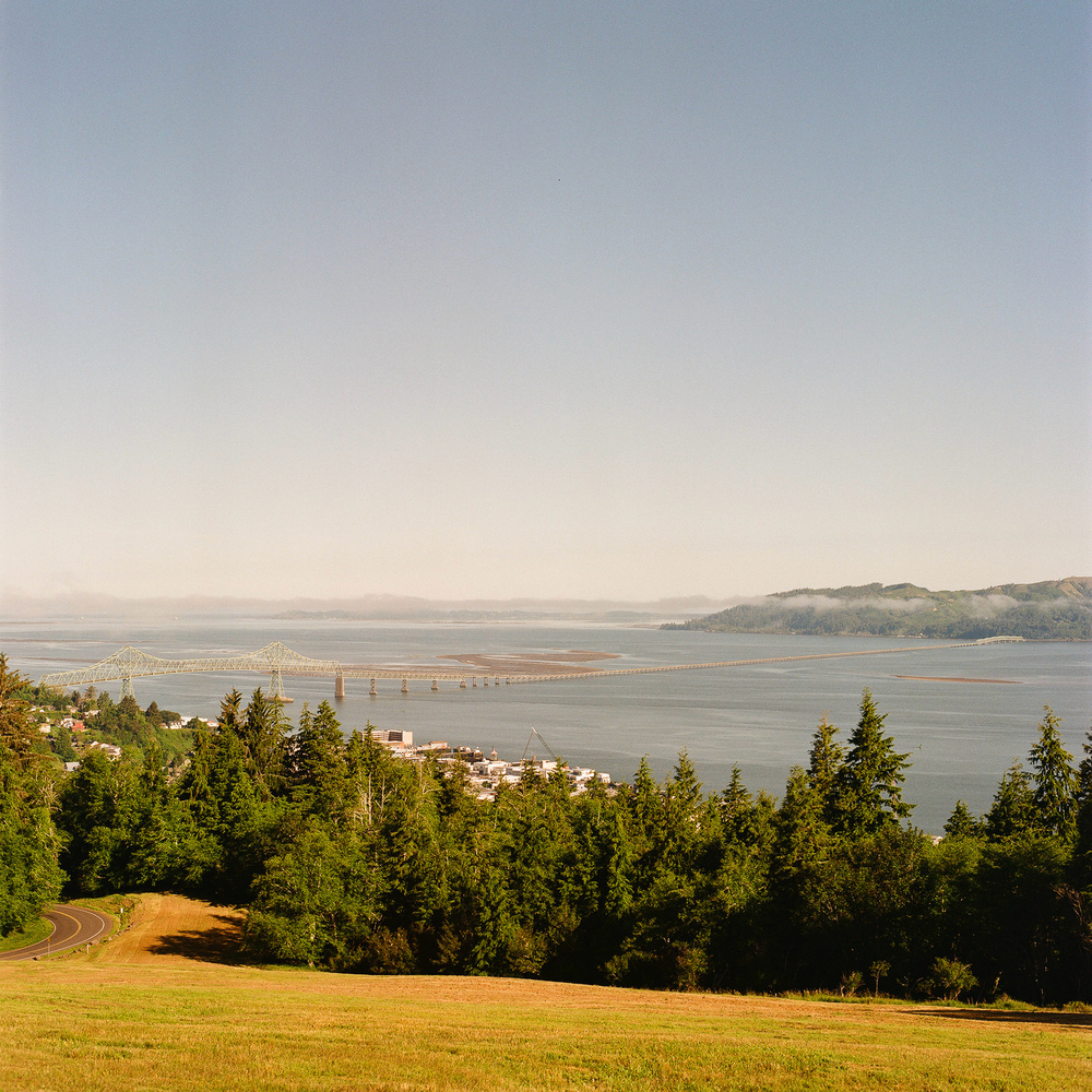 A scenic view overlooking the Astoria-Megler Bridge crossing the Columbia River, surrounded by lush green trees. Fog drapes the distant hills under a clear blue sky.