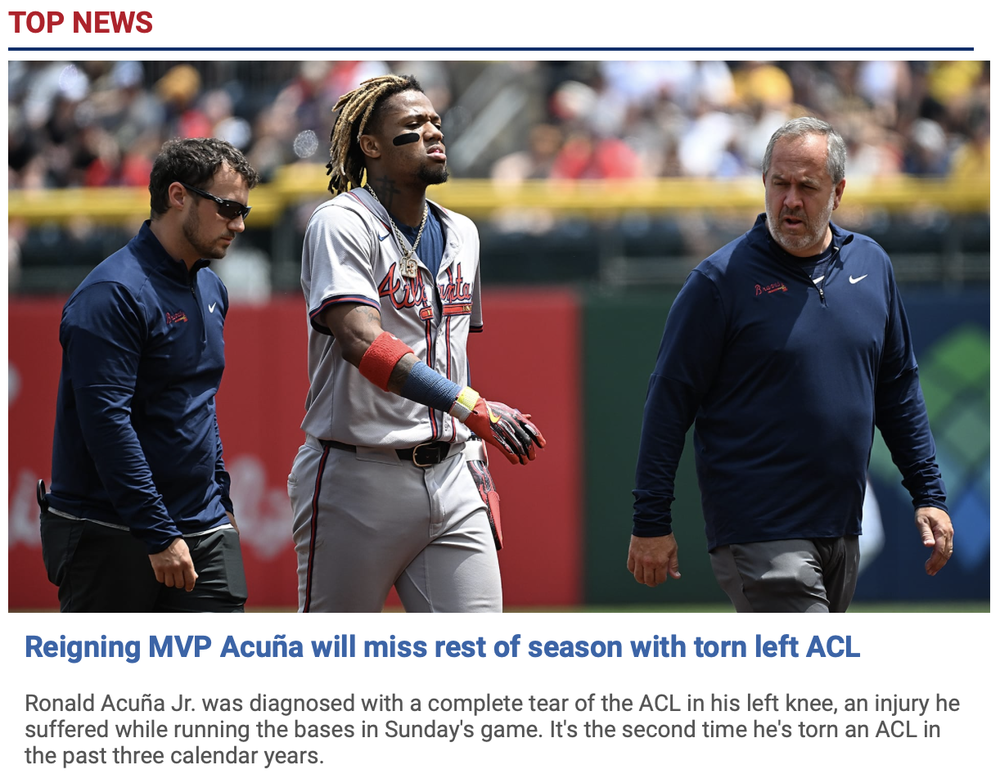 Ronald Acuña Jr. basbeall player injured and out for the rest of the season 2024