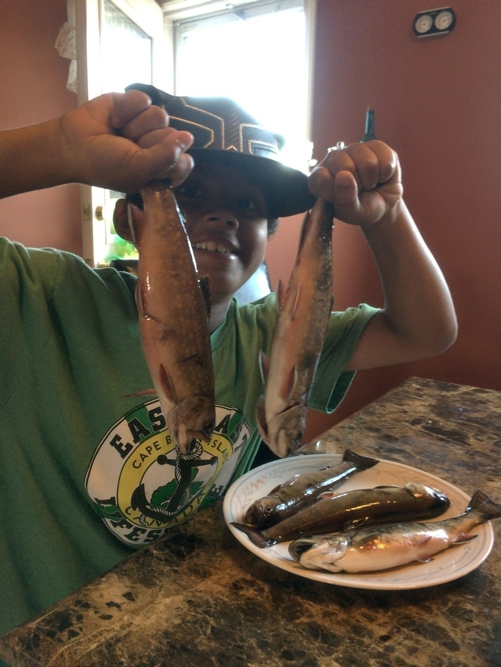 The picture shows a young boy in a kitchen, holding up two fish, one in each hand. He is wearing a green t-shirt with a logo that reads "East Bay Cape Breton Freshwater" and a baseball cap. He is smiling and seems to be very proud of the fish he is holding. On the kitchen counter, there is a plate with three more fish on it.&10;The fish in the picture are medium-sized and have a slender shape. They are brownish in color with some spots and their scales are visible, giving them a shiny texture. Their fins are relatively small and their tails are forked. One of the fish on the plate has a more silvery color compared to the others. They appear to be freshwater fish, possibly trout or a similar species.