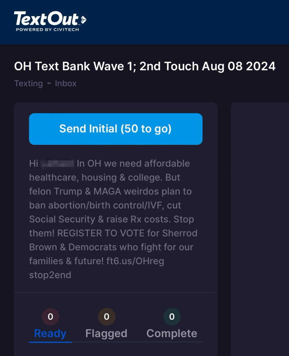 Screenshot of a political text-banking platform named TextOut, powered by Civitech. The campaign is titled OH Text Bank Wave 1.