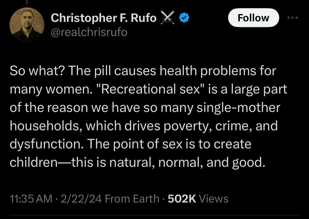 A screenshot of a Twitter post by Christopher F. Rufo discusses the perceived negative effects of &ldquo;recreational sex,&rdquo; linking it to single-mother households and societal issues. It&rsquo;s timestamped at 11:35 AM, 2/22/24, viewed 502K times.