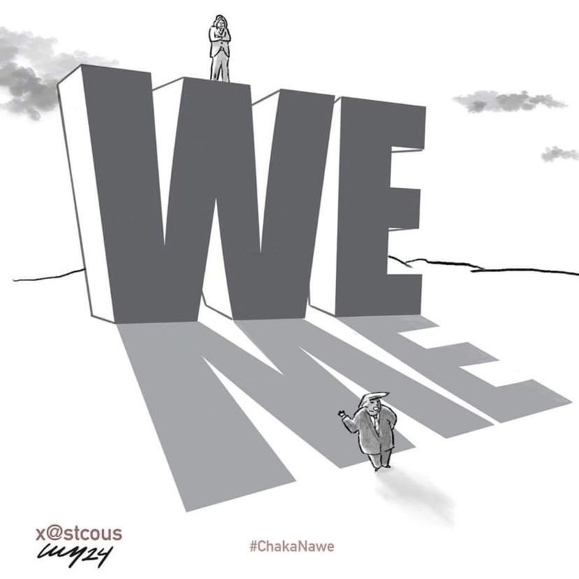 Two individuals standing on large, 3D text reading "WE", with shadows forming "ME", under an open sky. Text includes "x @stcous" and "#ChakaNawe."