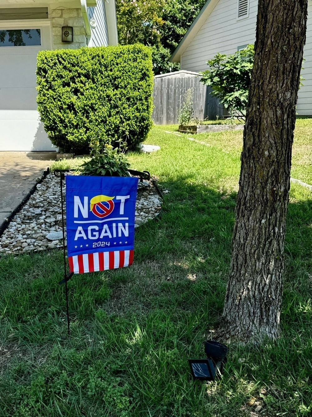 A yard sign reads &ldquo;NOT AGAIN 2024&rdquo; against an American flag pattern, standing on a grassy lawn near a tree and house.