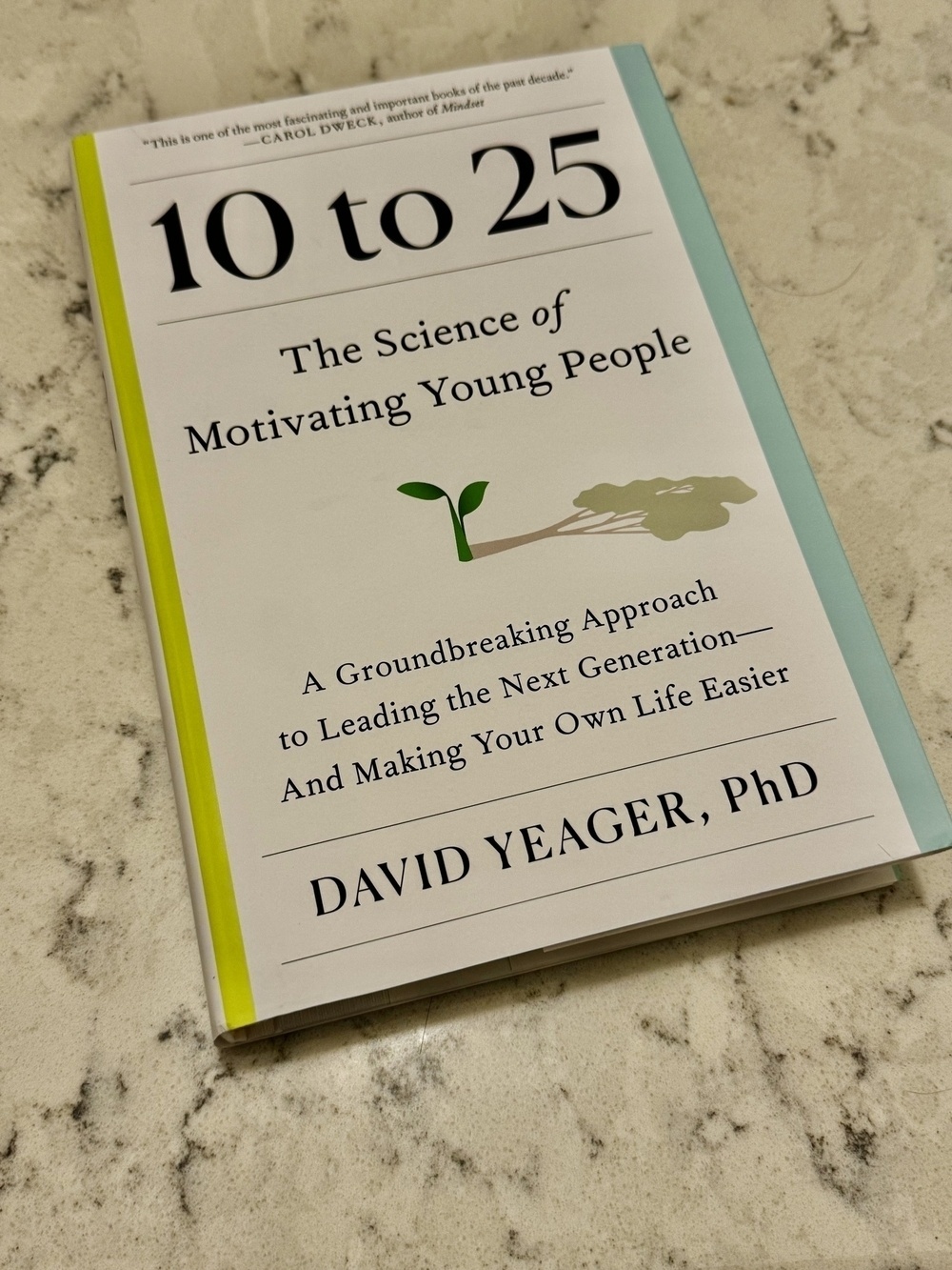 A book titled &ldquo;10 to 25: The Science of Motivating Young People&rdquo; by David Yeager, PhD, lies on a beige marble surface, showcasing a minimalist cover with green and blue accents.