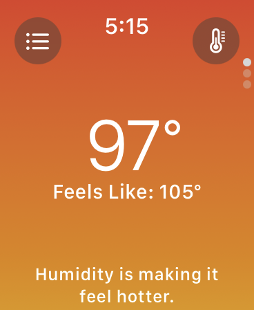 A weather app interface shows 97° temperature, &ldquo;Feels Like: 105°&rdquo; with a note, &ldquo;Humidity is making it feel hotter.&rdquo; Icons indicate time (5:15) and settings.