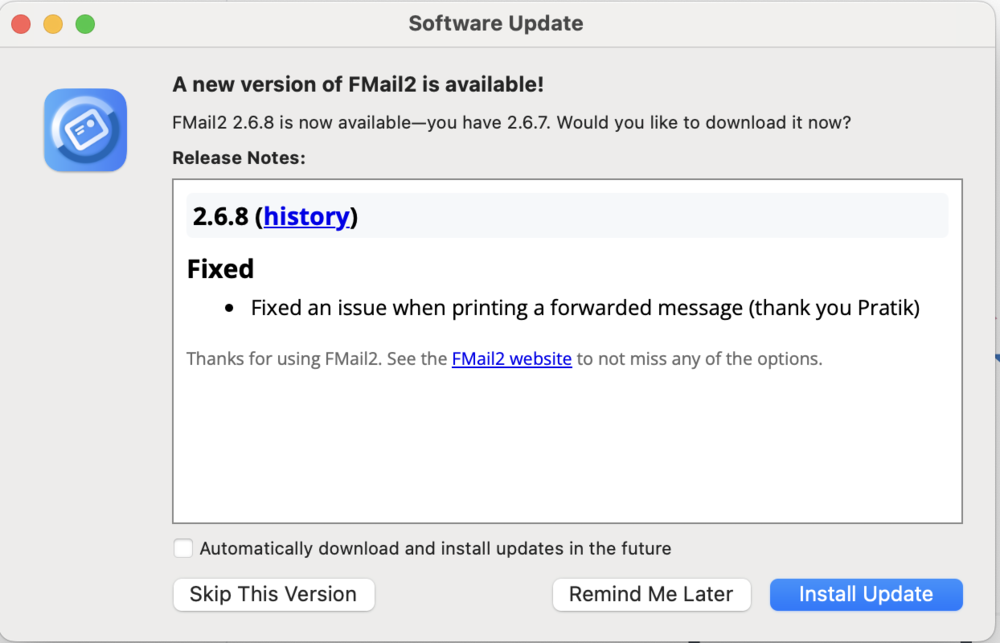 A software update notification for FMail2 version 2.6.8, detailing a bug fix and offering installation options.