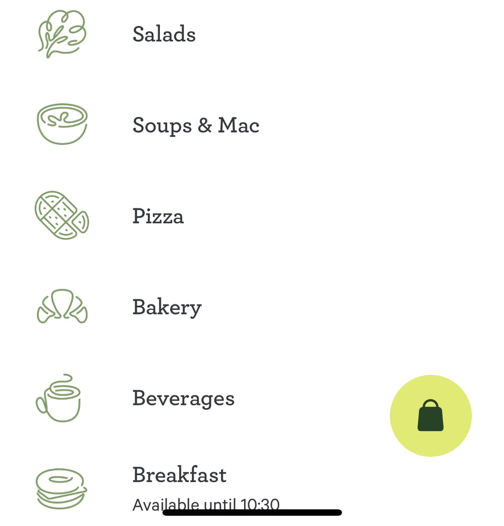 iPhone screenshot of Panera app with bag icon visible