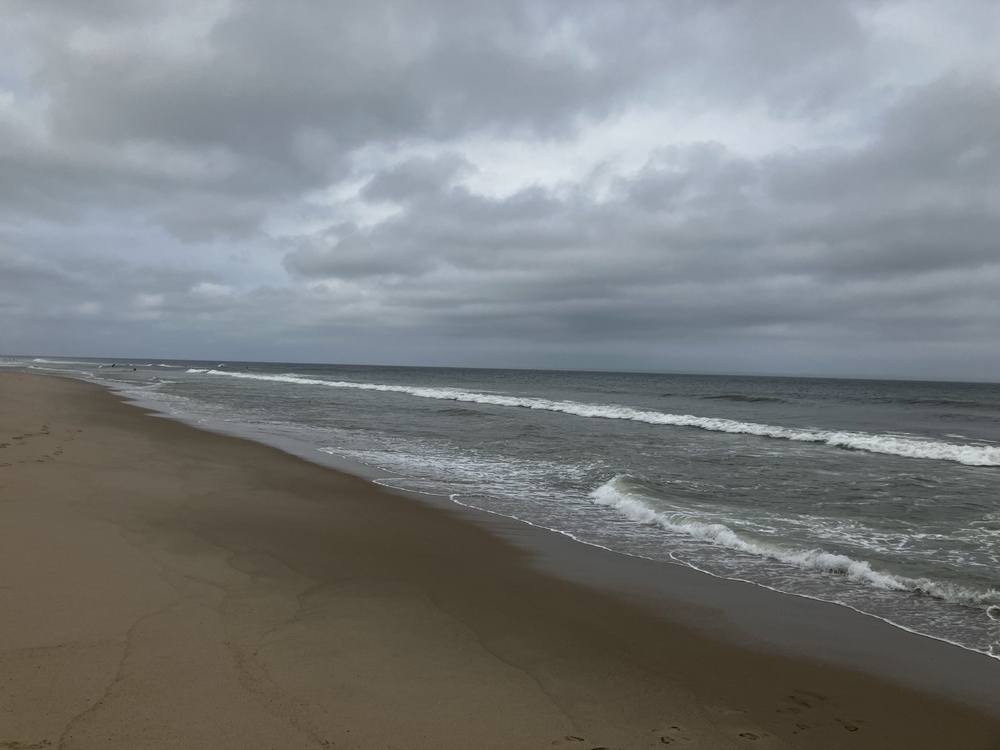 Grey sky, cold water, sand, a few black specks (humans in wet suits) in the distance.