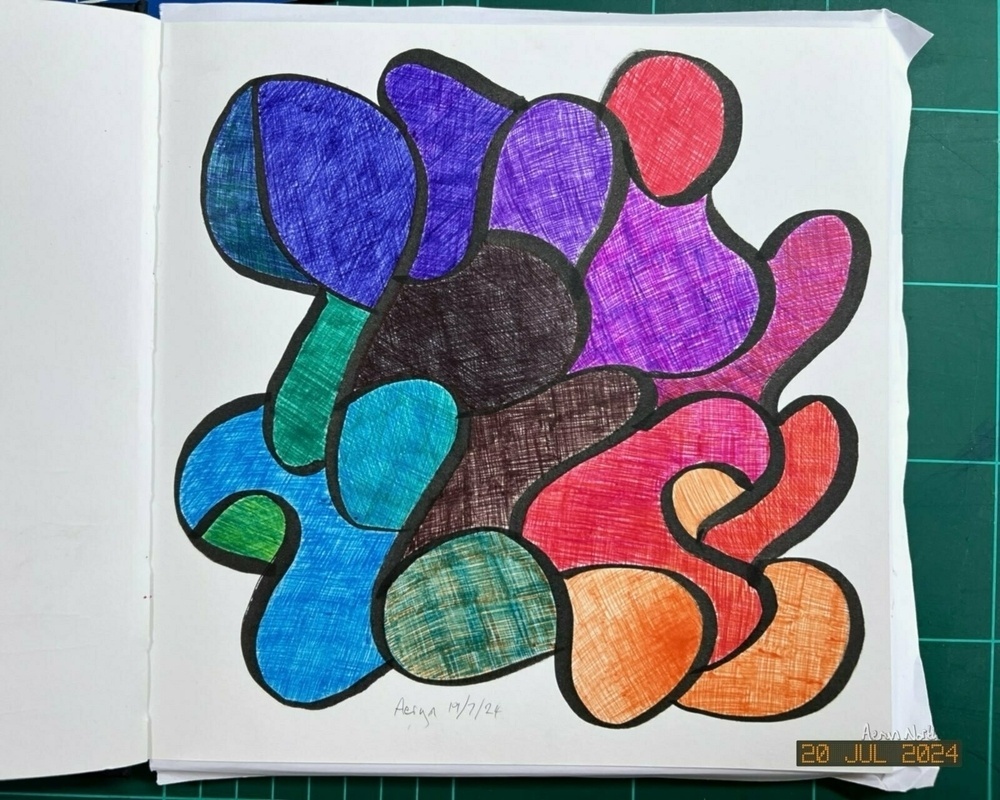 A doodle of thick black curvy lines filled with bright cross-hatched, rainbow colours. 