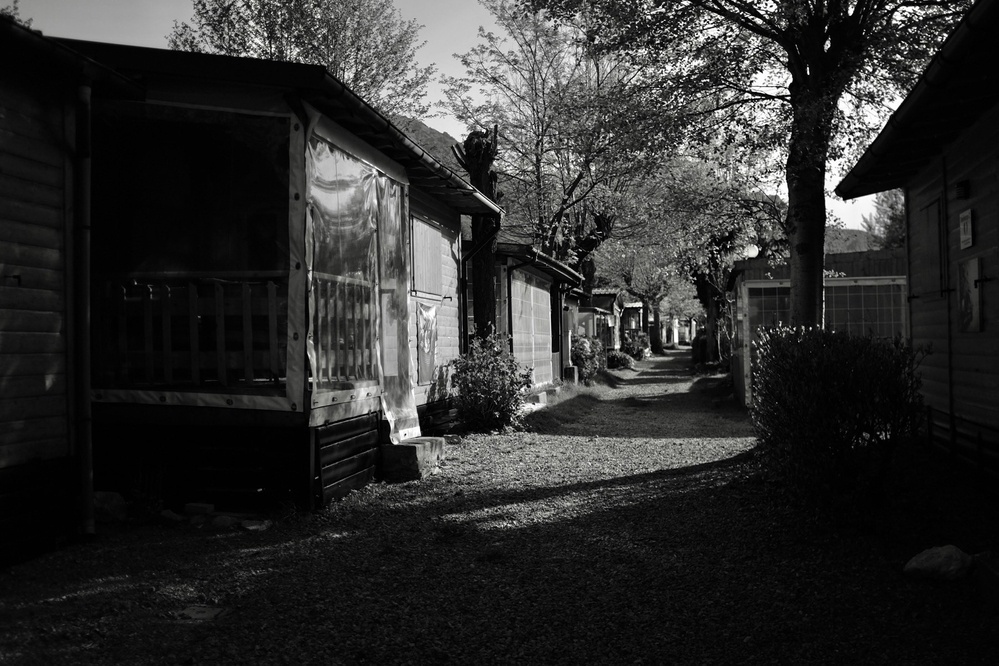 Black-and-white photo of small wooden chalets lined up in a row under trees