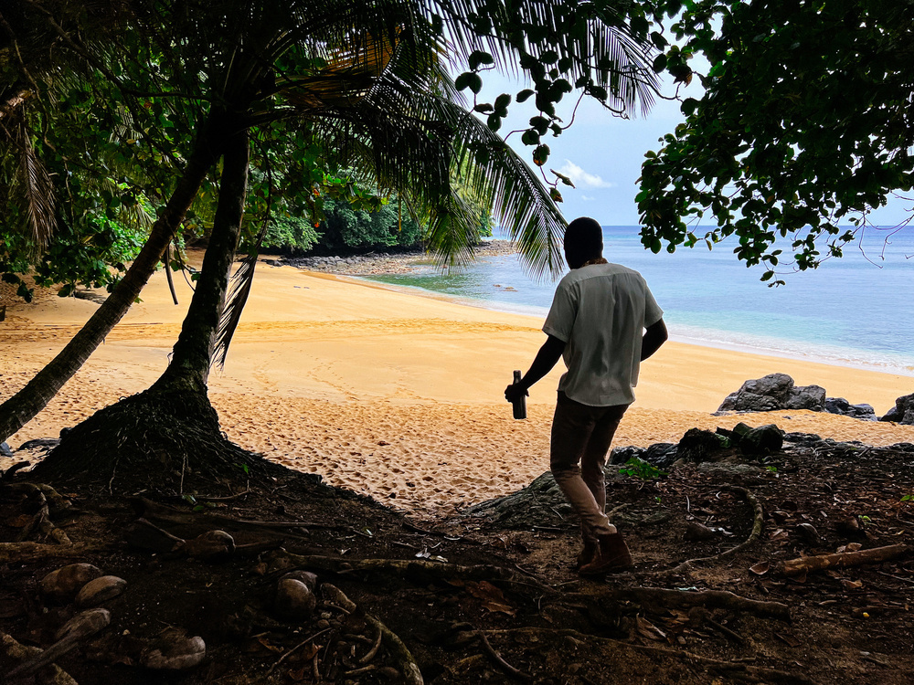 A man walks into a tropical beach. 