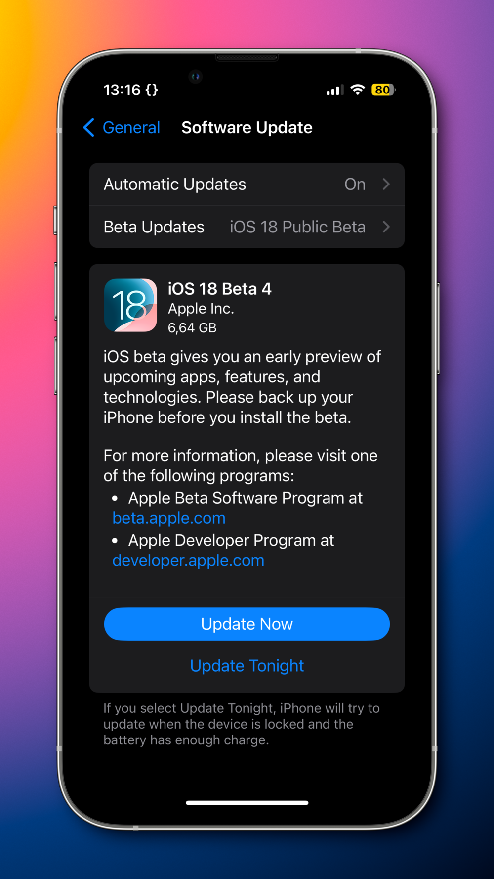 An iPhone screen displays the software update page for &ldquo;iOS 18 Beta 4&rdquo; from Apple Inc.