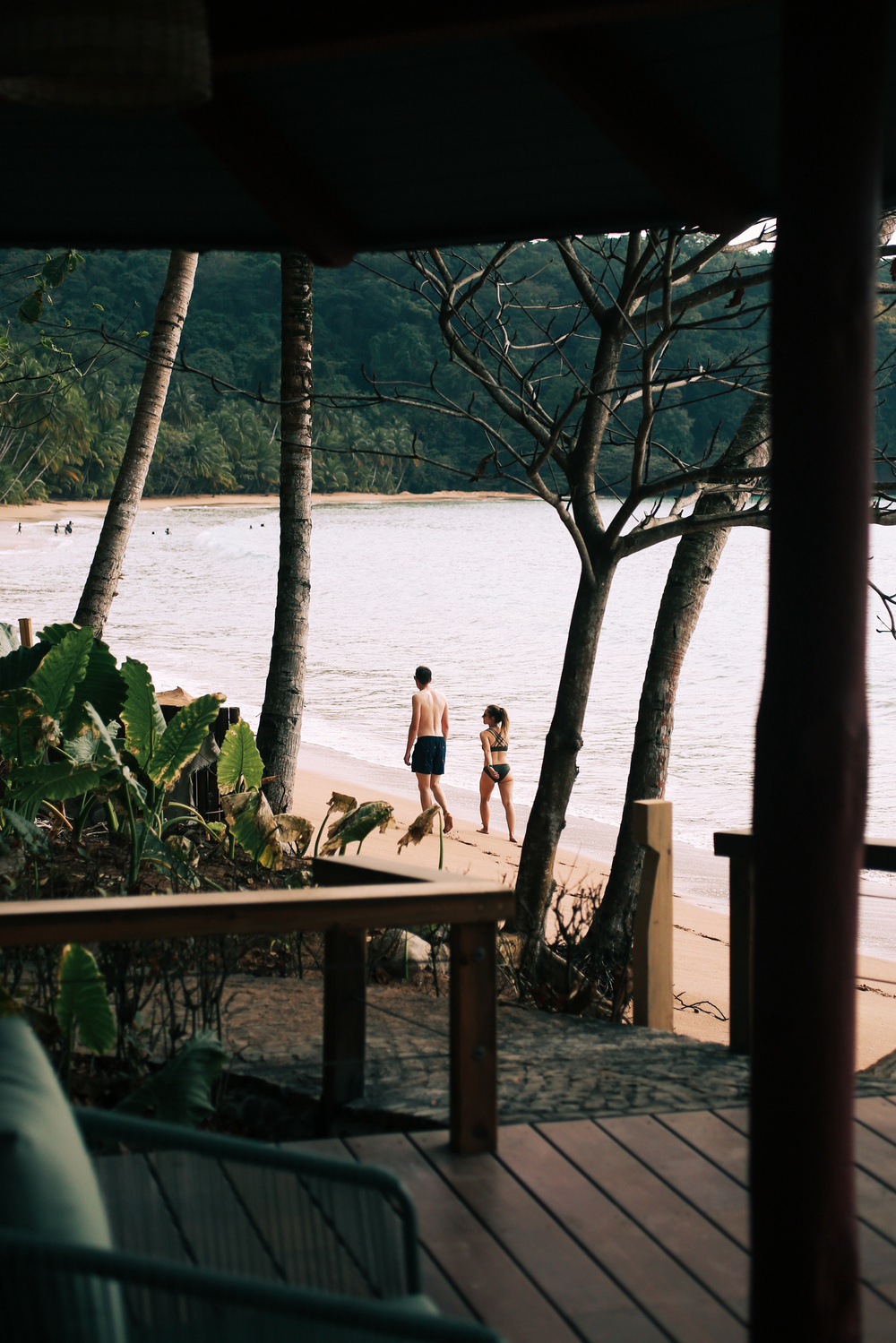 A man and woman in swimsuits walk along a tropical beach. The scene is framed by palm trees and foliage, with a wooden deck in the foreground and ocean waves in the background.